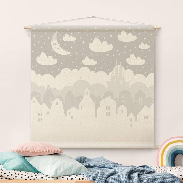 wall hanging decor Starry Sky With Houses And Moon In Grey