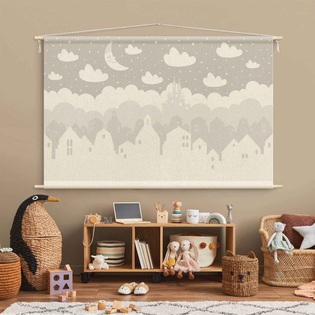 extra large tapestry wall hangings Starry Sky With Houses And Moon In Grey