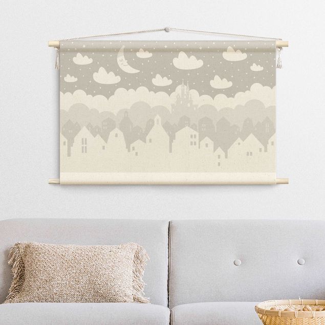 textile wall hangings Starry Sky With Houses And Moon In Grey