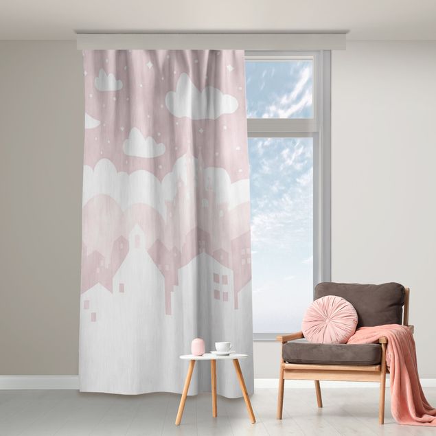 custom curtain Starry Sky With Houses And Moon In Light Pink