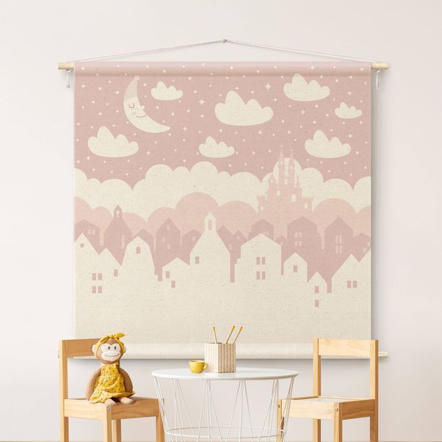 modern wall tapestry Starry Sky With Houses And Moon In Light Pink