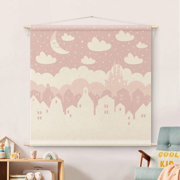 wall hanging decor Starry Sky With Houses And Moon In Light Pink