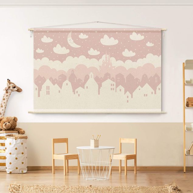 extra large tapestry wall hangings Starry Sky With Houses And Moon In Light Pink