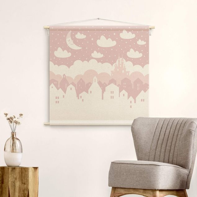 textile wall hangings Starry Sky With Houses And Moon In Light Pink