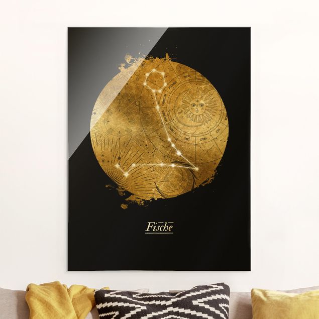 Glass print - Zodiac Sign Pisces Gray Gold - Portrait format