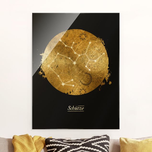 Glass print - Zodiac Sign Sagittarius Gray Gold - Portrait format