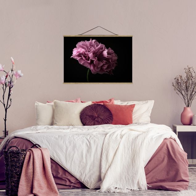 Fabric print with poster hangers - Proud Peony In Front Of Black - Landscape format 3:2