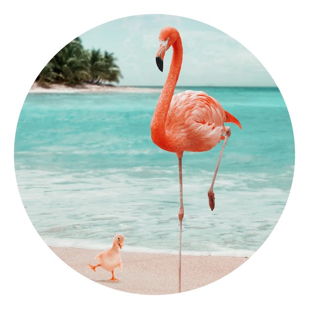 Self-adhesive round wallpaper beach - Beach With Flamingo