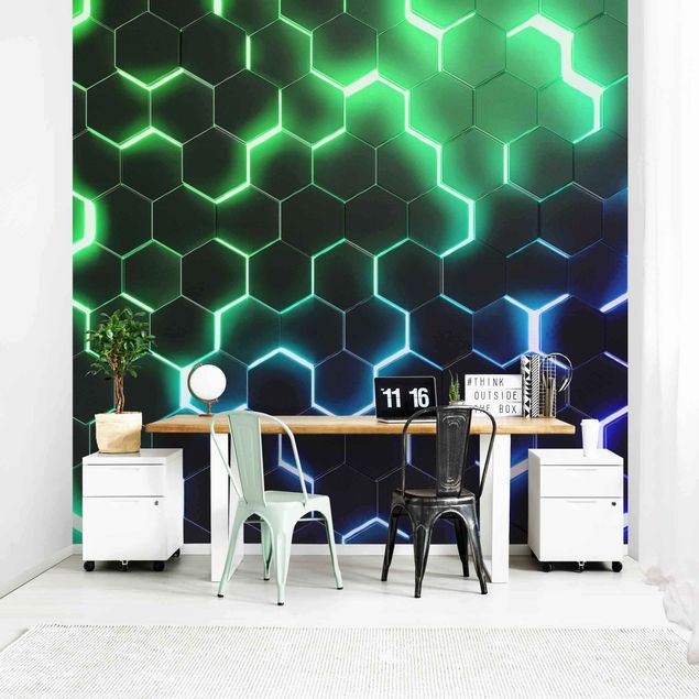 Wallpapers Structured Hexagons With Neon Light In Green And Blue