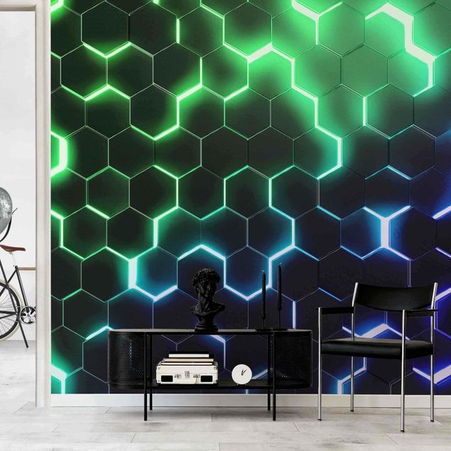 Wallpaper - Structured Hexagons With Neon Light In Green And Blue