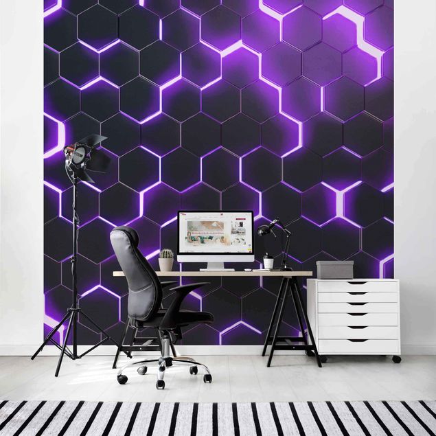 Wallpapers Structured Hexagons With Neon Light In Purple