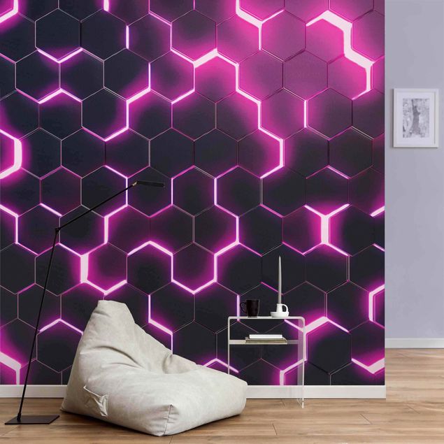 Wallpapers Structured Hexagons With Neon Light In Pink