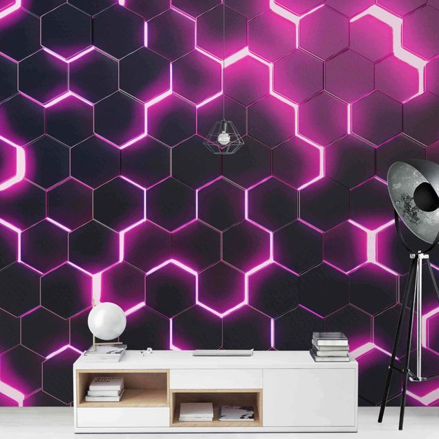 Wallpaper - Structured Hexagons With Neon Light In Pink