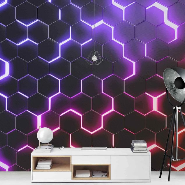Wallpapers Structured Hexagons With Neon Light In Pink And Purple