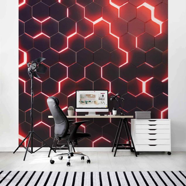 Wallpapers Structured Hexagons With Neon Light In Red