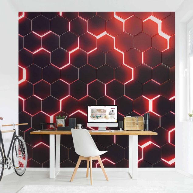Wallpaper - Structured Hexagons With Neon Light In Red