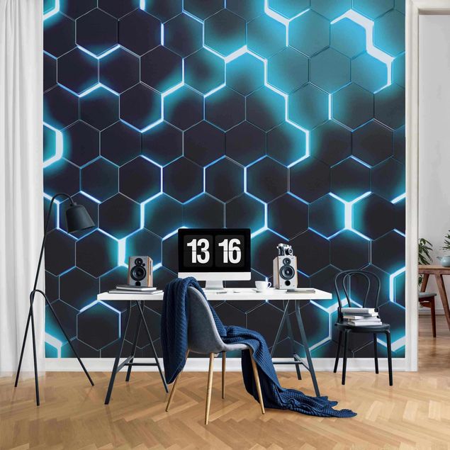 Wallpapers Structured Hexagons With Neon Light In Turquoise