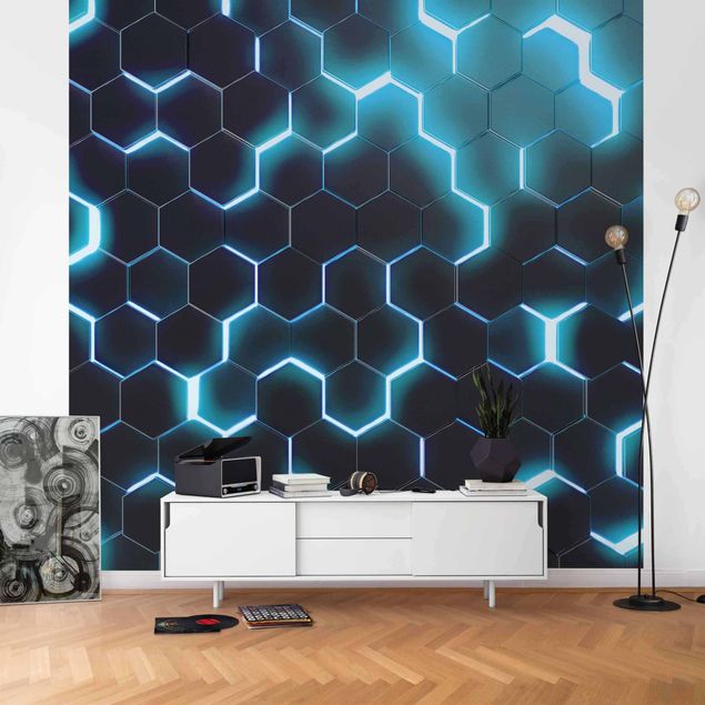 Wallpaper - Structured Hexagons With Neon Light In Turquoise