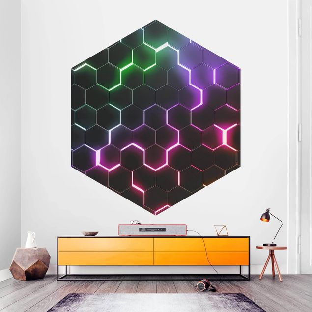 Self-adhesive hexagonal wall mural - Hexagonal Pattern With Neon Light