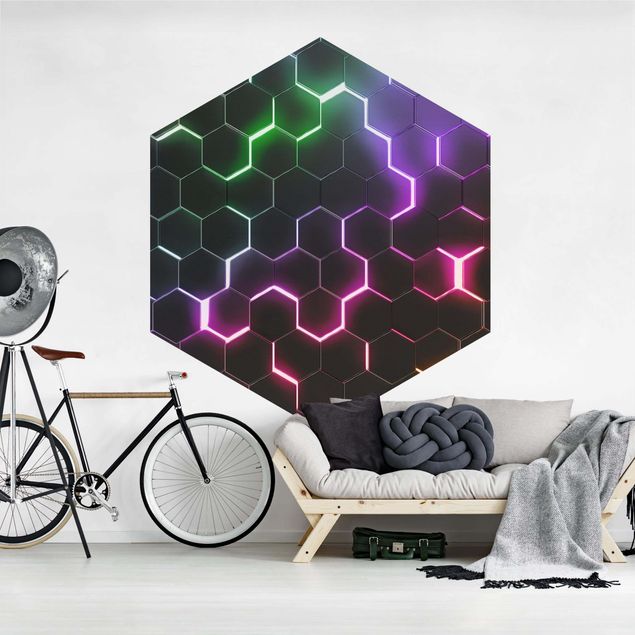 Self-adhesive hexagonal wall mural - Hexagonal Pattern With Neon Light