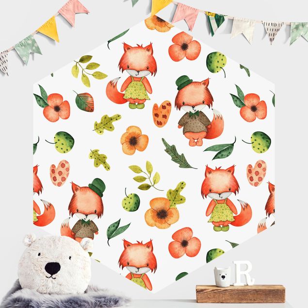 Hexagonal wallpapers Cute Foxes In Watercolour