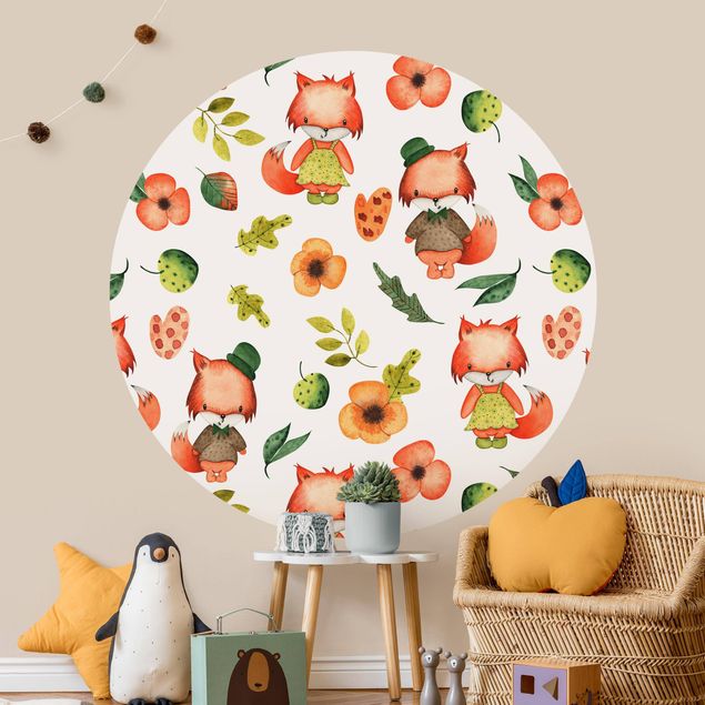 Self-adhesive round wallpaper - Cute Foxes In Watercolour