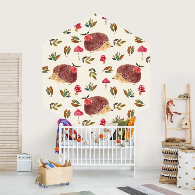 Self-adhesive hexagonal pattern wallpaper - Cute Hedgehog Illustration On Cream Colour