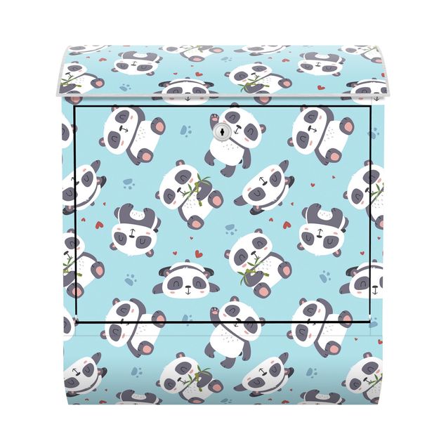 Letterbox - Cute Panda With Paw Prints And Hearts Pastel Blue