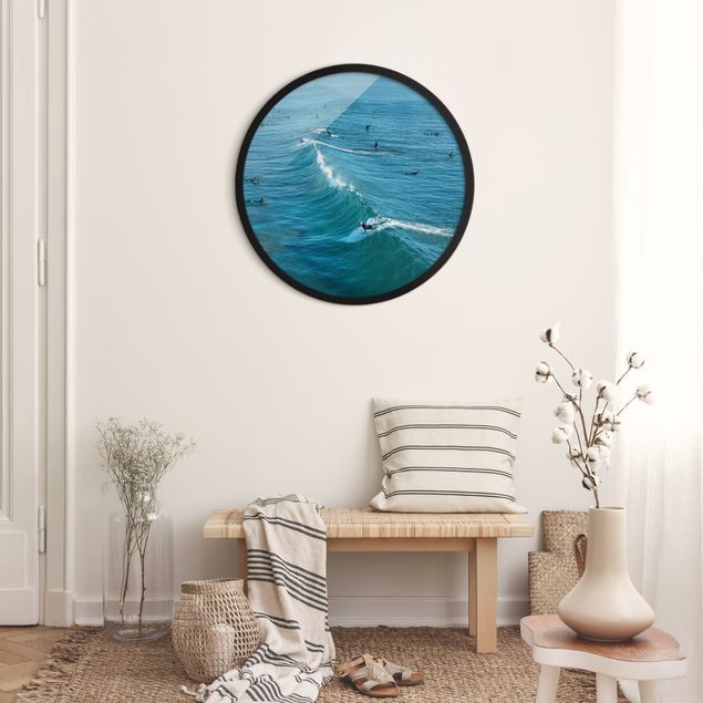 Circular framed print - Surfer At Huntington Beach