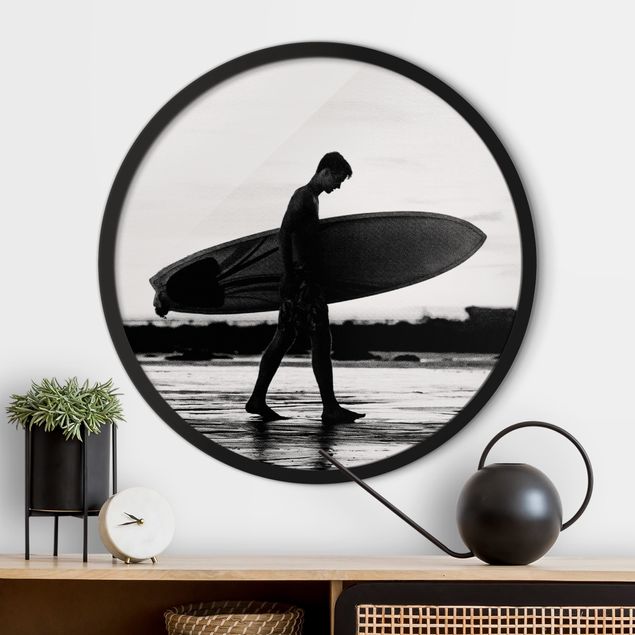 Framed prints round Shadow Surfer Boy In Profile
