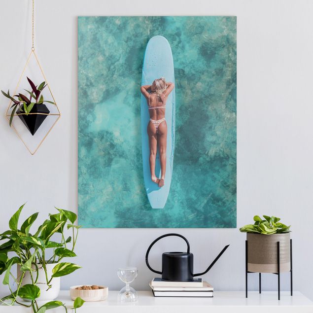Canvas print - Surfer Girl With Blue Board - Portrait format 3:4