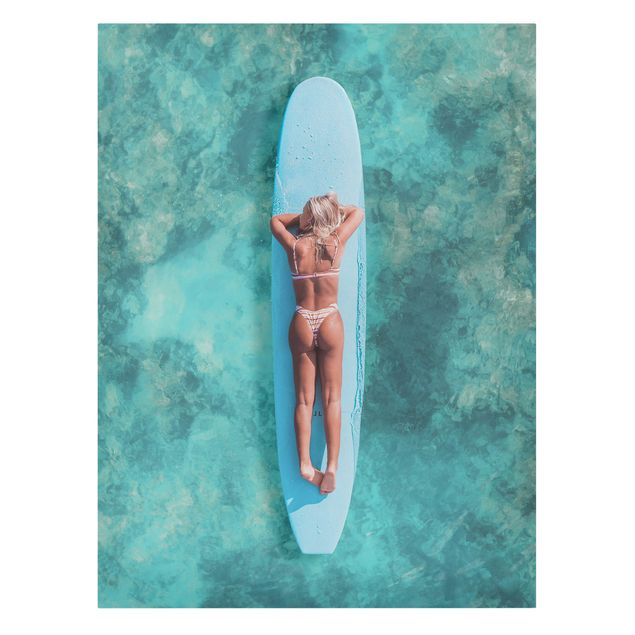 Canvas print - Surfer Girl With Blue Board - Portrait format 3:4