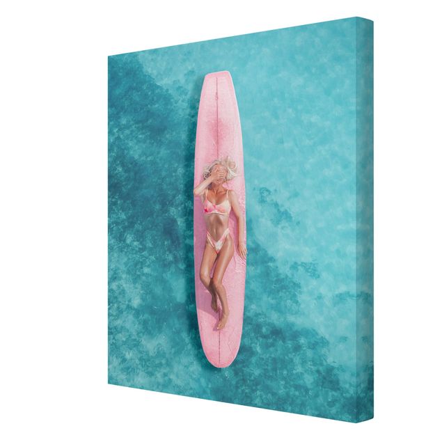 Canvas print - Surfer Girl With Pink Board - Portrait format 3:4