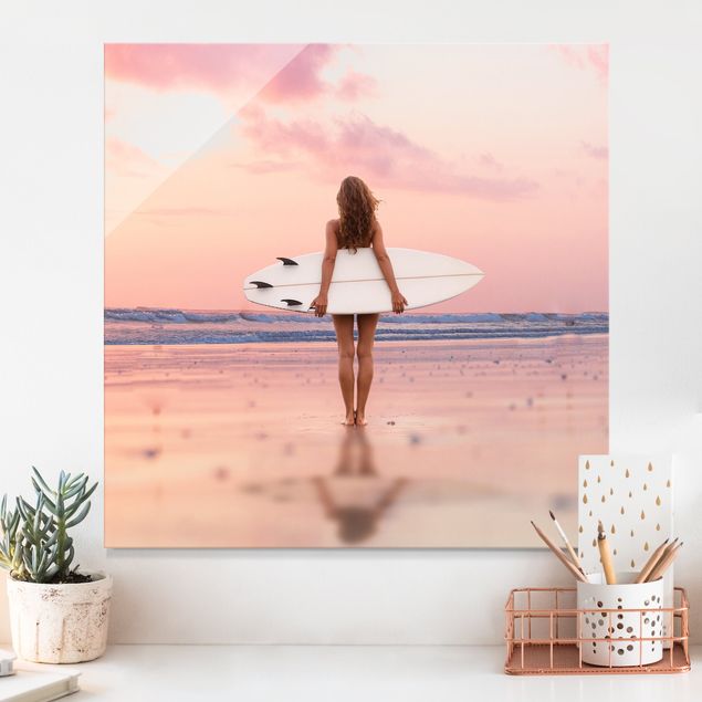 Glas Magnettafel Surfer Girl With Board At Sunset