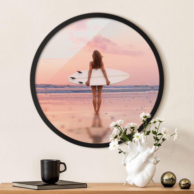 Framed prints round Surfer Girl With Board At Sunset