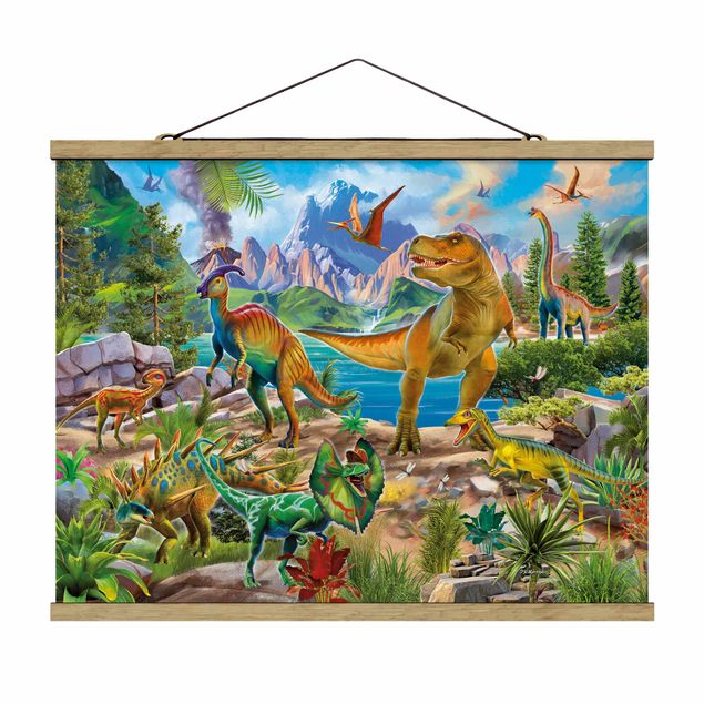 Fabric print with poster hangers - T-Rex And Parasaurolophus - Landscape format 4:3