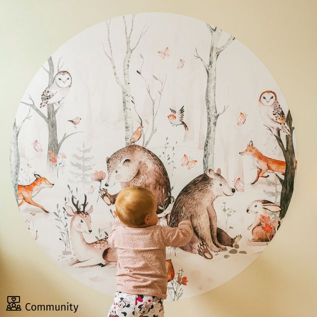 Self-adhesive round wallpaper - Watercolour Forest Animal Friends