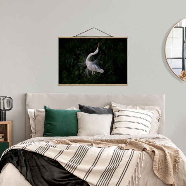 Fabric print with poster hangers - Dancing Egrets In Front Of Black - Landscape format 3:2