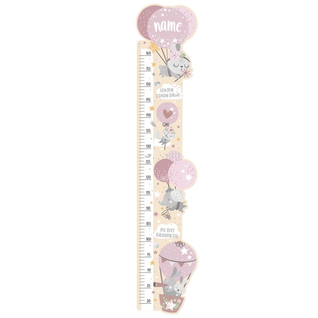 wooden ruler height chart Animals In Balloons With Customised Name Pink