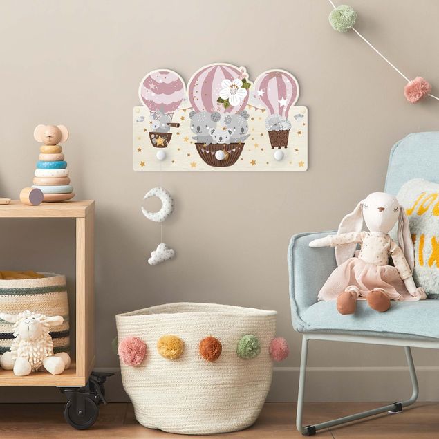 Coat rack for children - Animals In Balloons Clouds Stars Pink