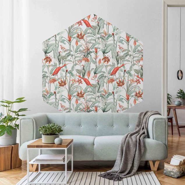 Self-adhesive hexagonal pattern wallpaper - Tiger Iris And Cranes In Botany
