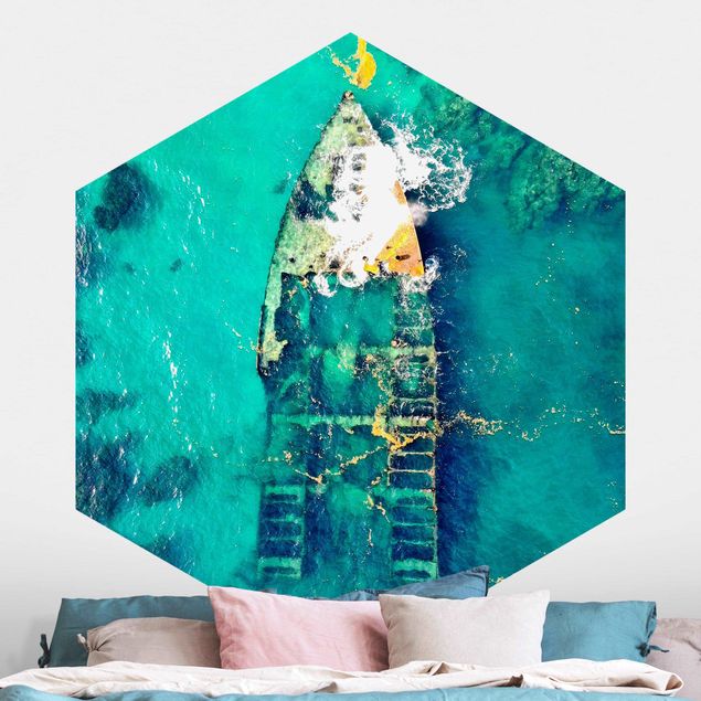 Self-adhesive hexagonal wall mural Top View Ship Wreck In The Ocean