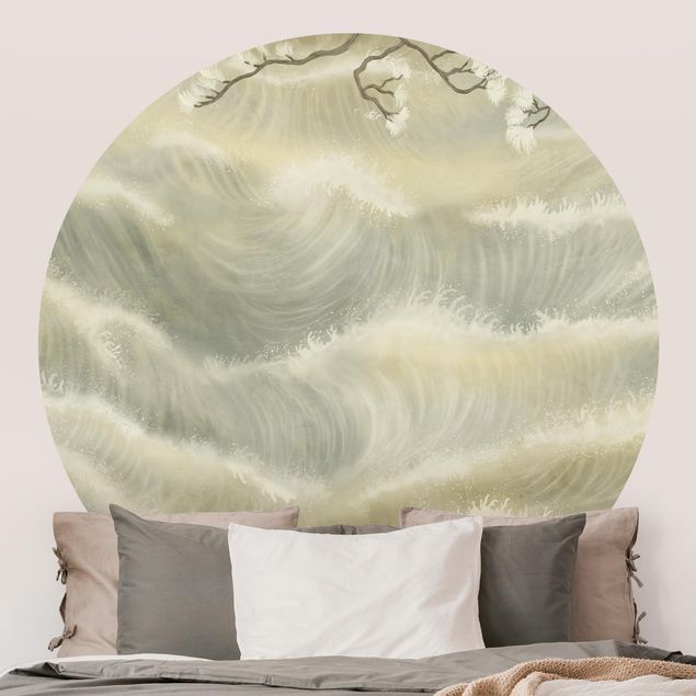 Self-adhesive round wallpaper - Raging Waves with Flowers