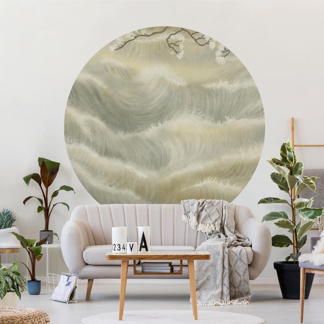 Self-adhesive round wallpaper - Raging Waves with Flowers