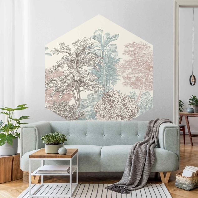 Self-adhesive hexagonal wall mural - Tropical Forest With Palm Trees In Pastel