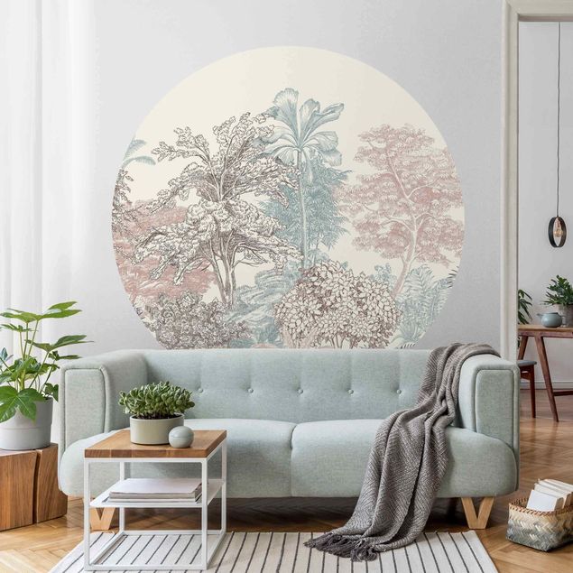 Self-adhesive round wallpaper - Tropical Forest With Palm Trees In Pastel