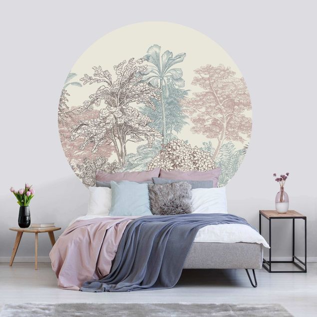 Self-adhesive round wallpaper - Tropical Forest With Palm Trees In Pastel