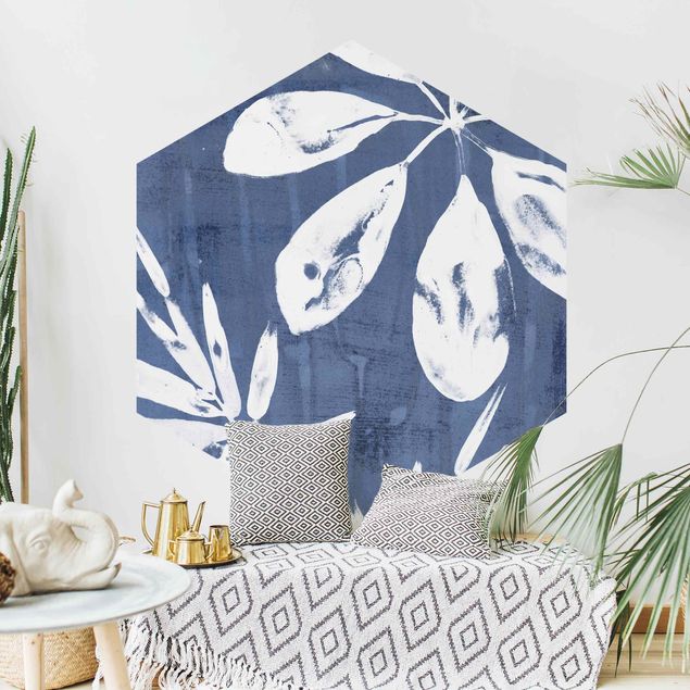 Self-adhesive hexagonal pattern wallpaper - Tropical Leaves Indigo I