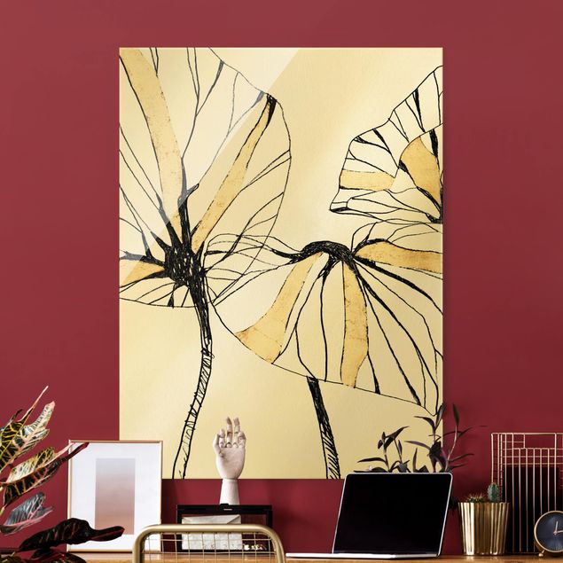 Glass print - Topical Leaves With Gold II - Portrait format
