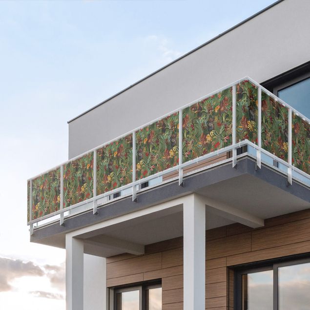Balcony privacy screen stormproof Tropical Flowers With Monkeys